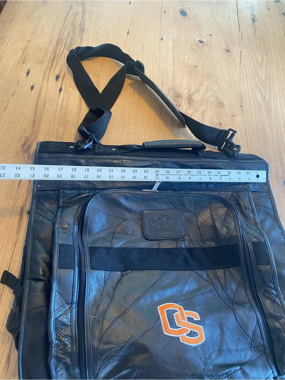 Black Leather Men's Garment Bag with Orange OSU Embroidery